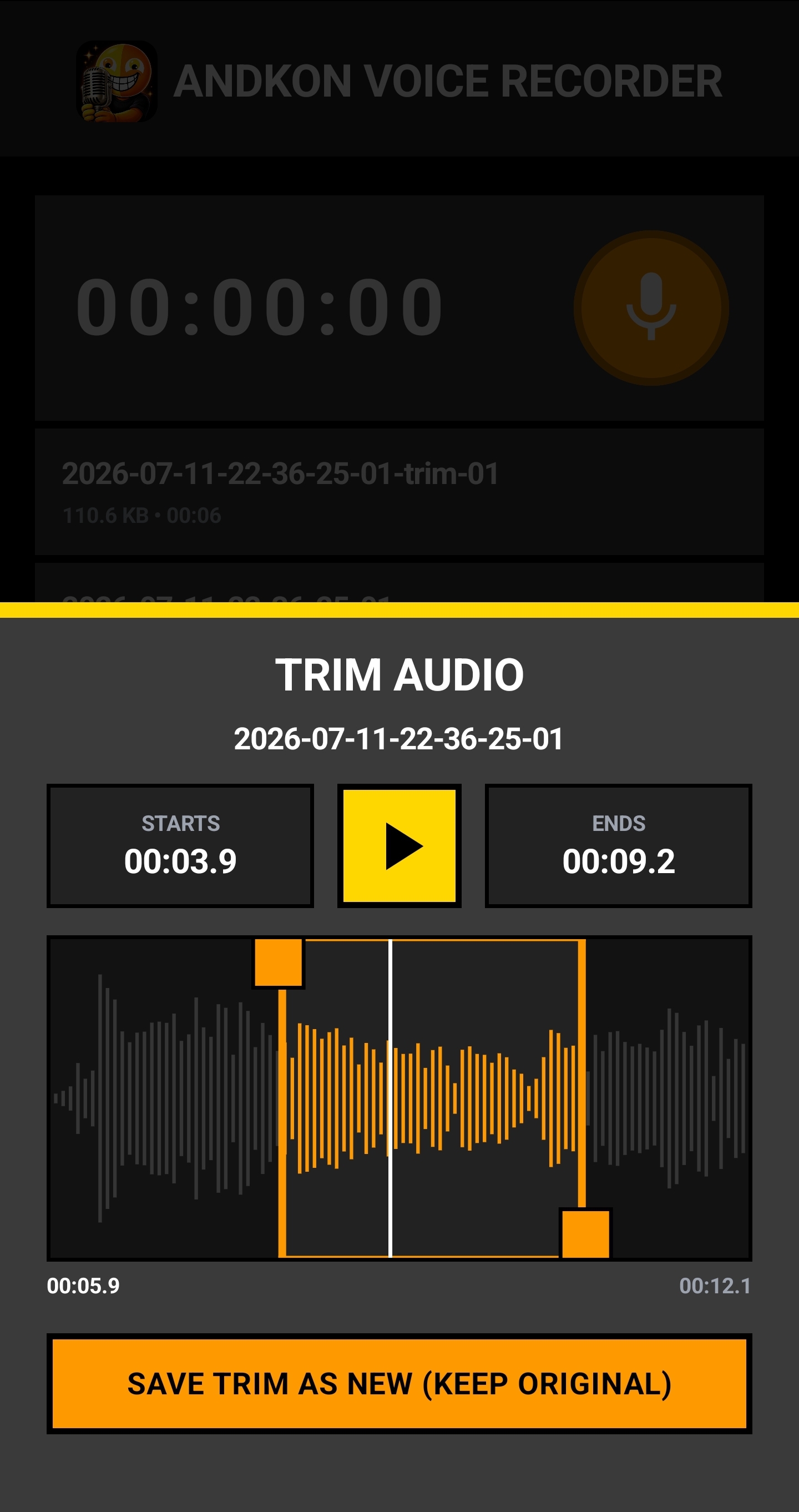 Andkon Voice Recorder trim editor with waveform selection