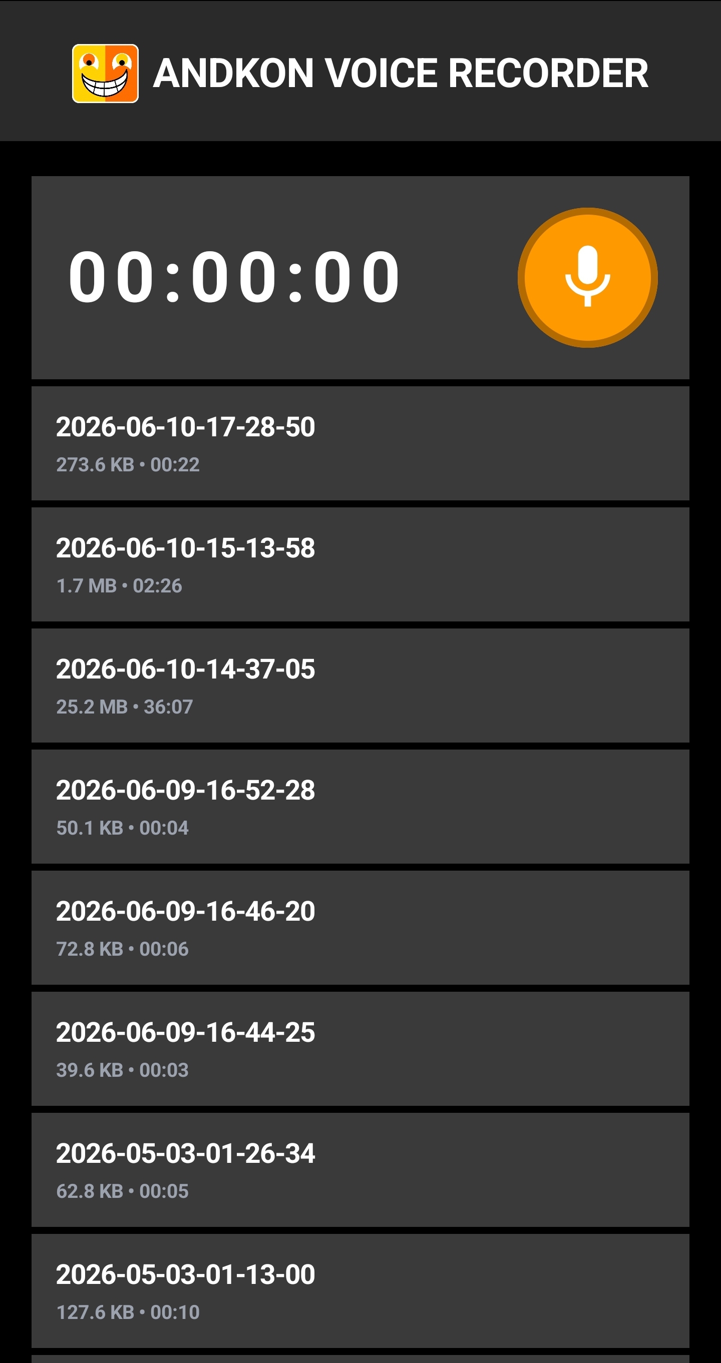 Andkon Voice Recorder recordings list
